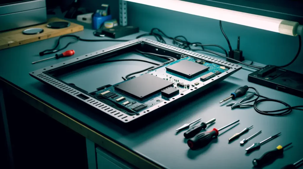 Technician workbench with a disassembled monitor panel during repair.