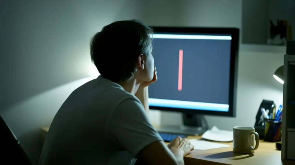 Person looking at a PC monitor with a faint red line, considering next steps.