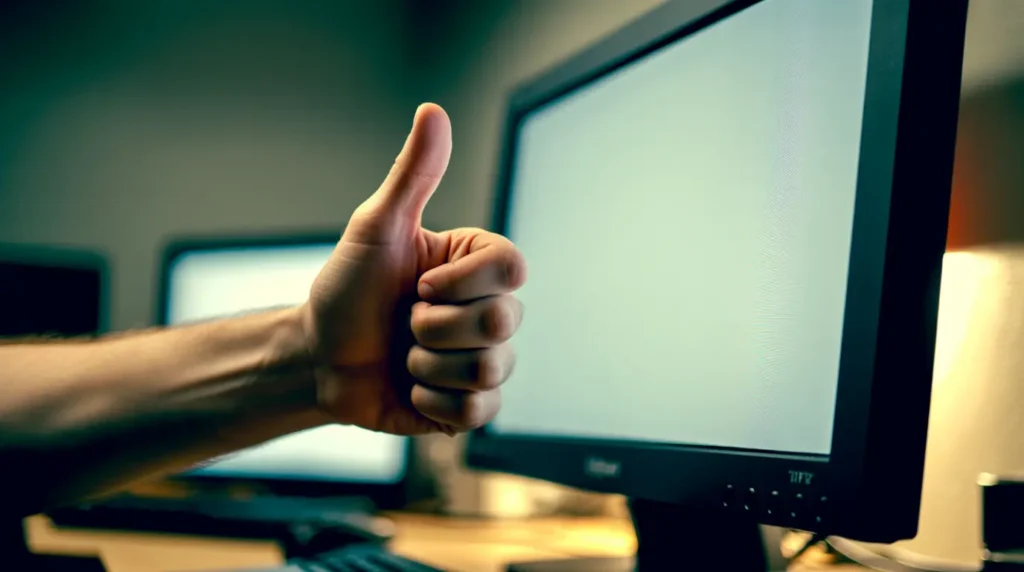 Technician confirming a PC monitor is fixed and working normally again.