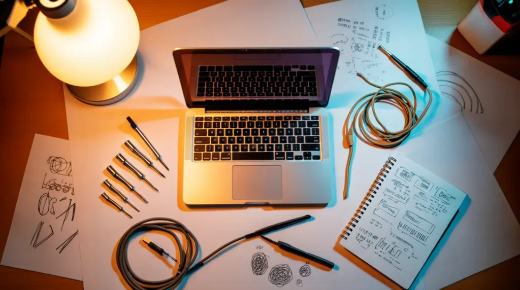 Laptop and repair tools laid out to diagnose a white screen cause