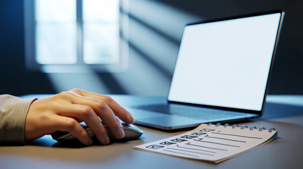 Hand checking mouse cursor movement on a blank white laptop screen