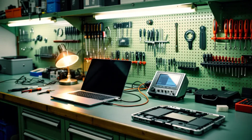  Repair shop workbench used to diagnose a laptop screen issue