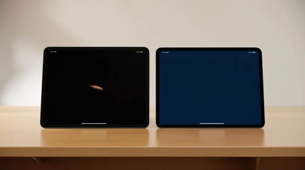 Comparing an iPad screen on black and blue backgrounds to spot a stuck pixel.