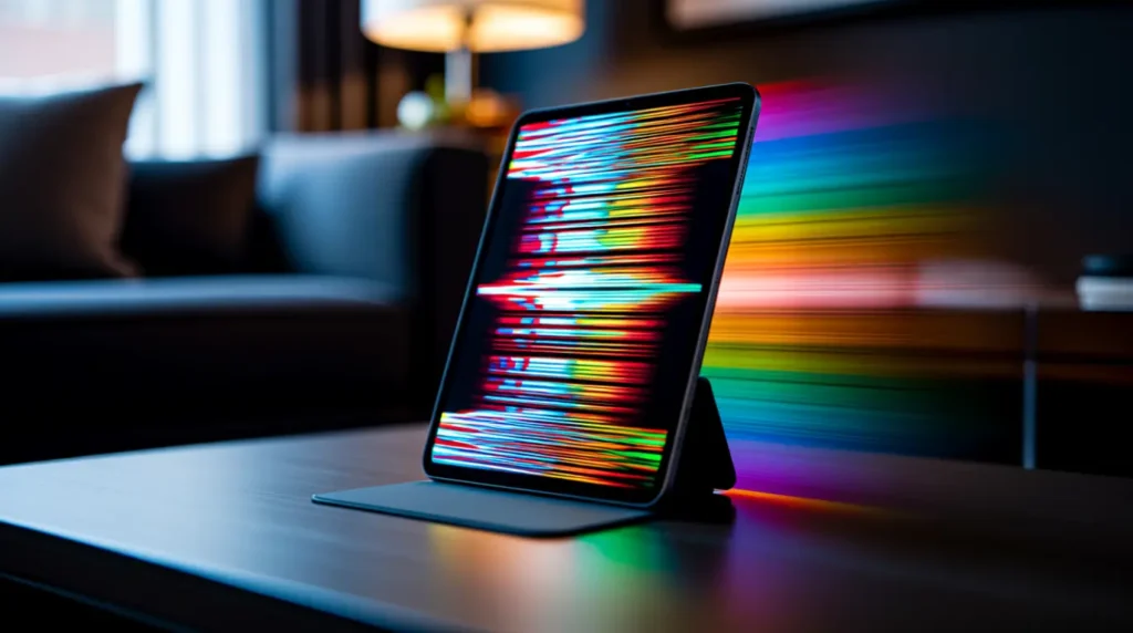 iPad running a color-cycling pixel repair pattern on its screen.