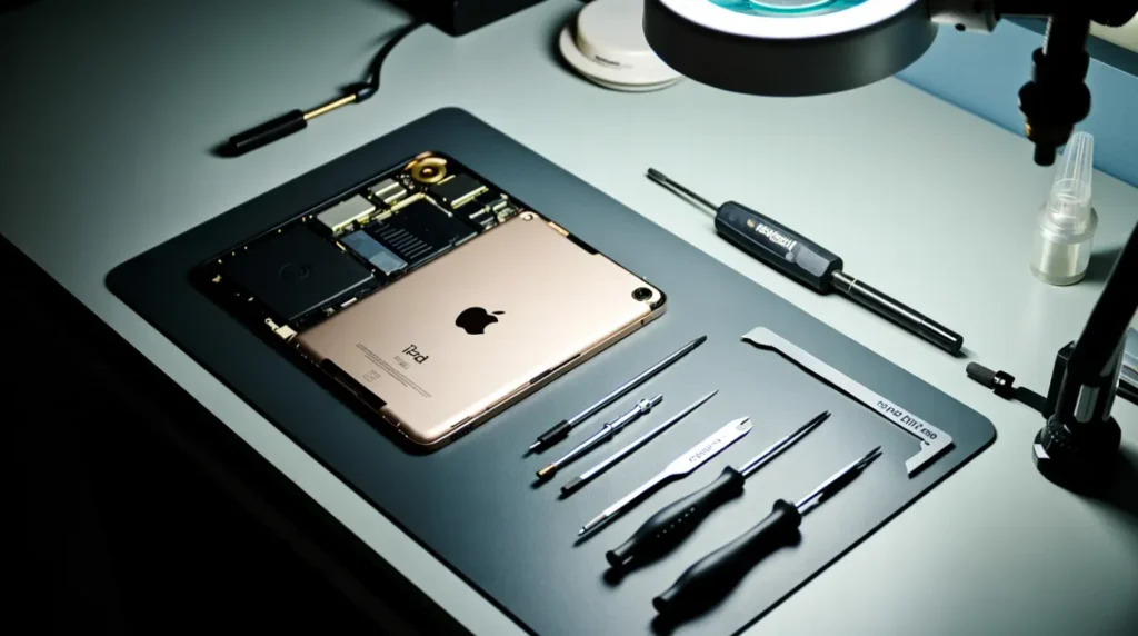 Technician workbench with an opened iPad ready for screen inspection.