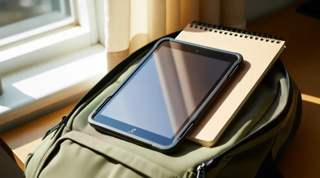 iPad stored safely in a protective case inside a backpack pocket.