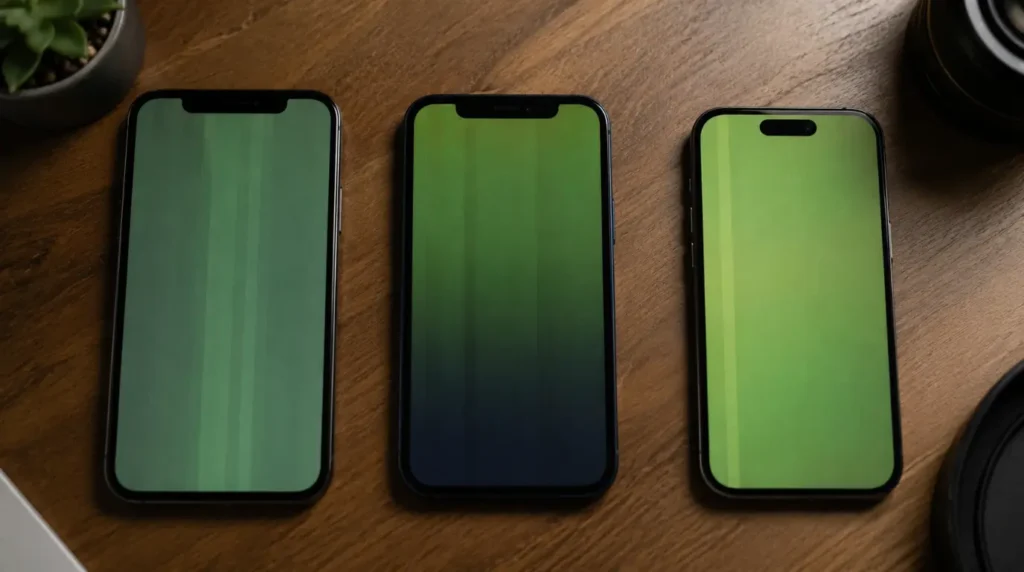 Several iPhone models on a desk showing green screen display issues.