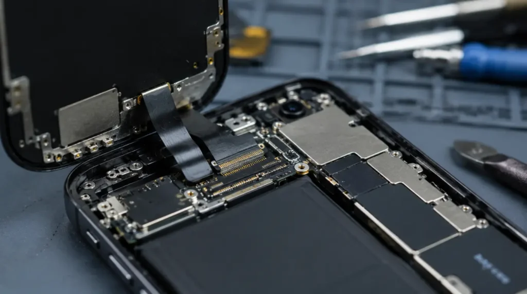 Close-up of iPhone internal display connector during repair diagnosis.