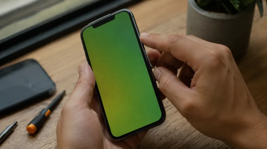 Hands testing an iPhone screen edge to diagnose a green tint issue.