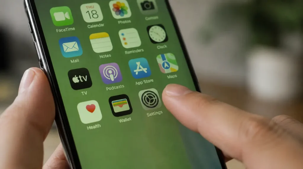 Person adjusting iPhone settings to fix a green screen tint.