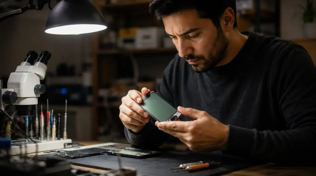 Repair technician inspecting an iPhone display at a workbench.