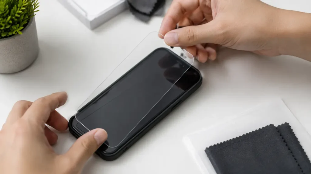 Applying a protective case and screen protector to an iPhone.
