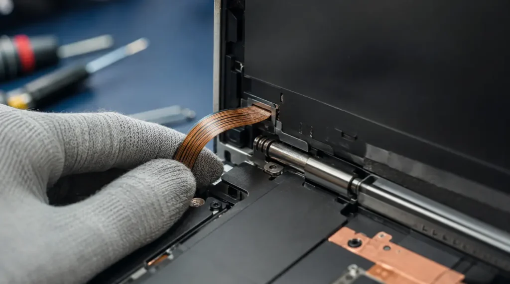 Close-up of a laptop hinge cable being inspected for wear during a repair check