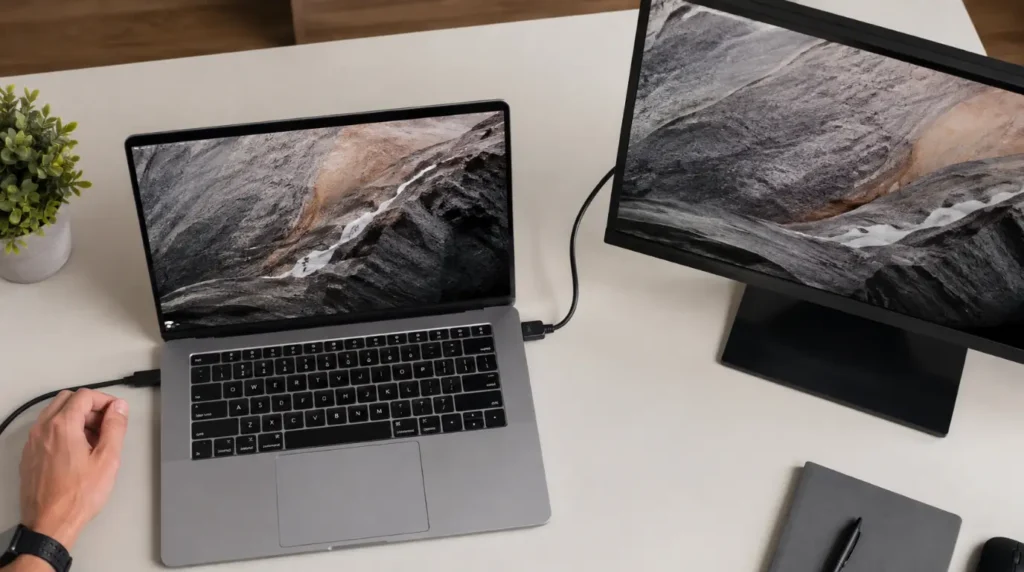 Laptop connected to an external monitor for a screen flicker diagnostic check.