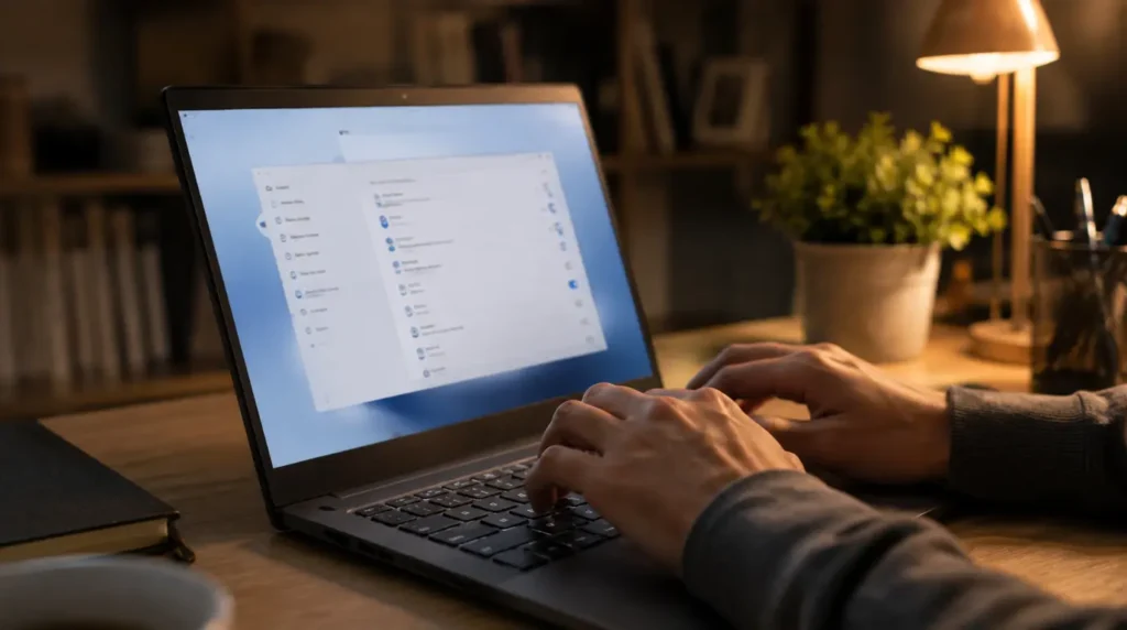 Person adjusting laptop display settings while troubleshooting screen flickering.