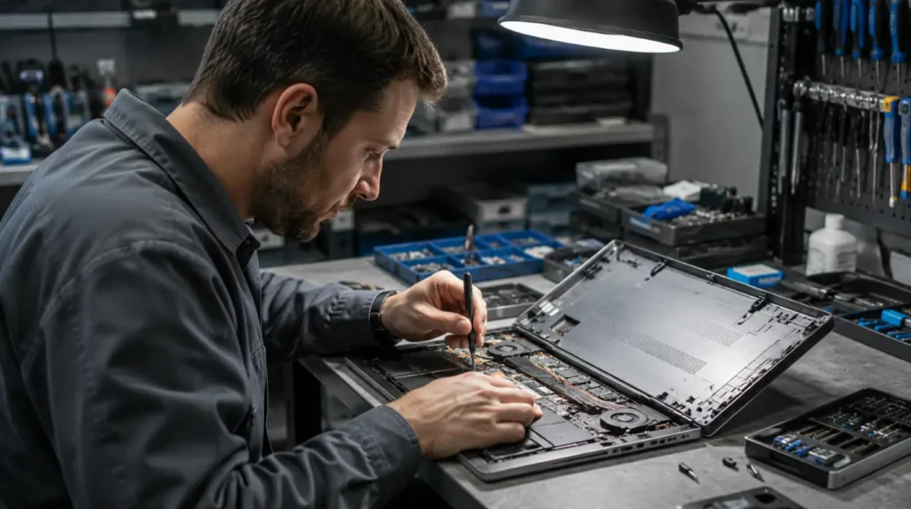 Repair technician examining an open laptop chassis on a workbench.