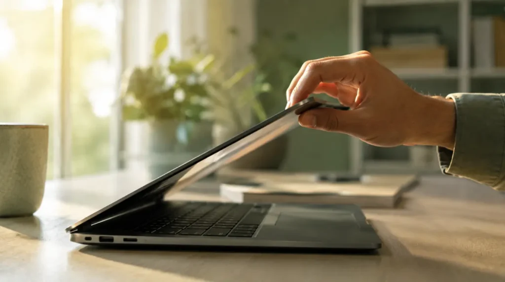 Hand gently opening a laptop lid to demonstrate proper hinge care.