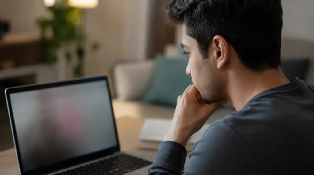 Person looking thoughtfully at a laptop screen while troubleshooting flickering.