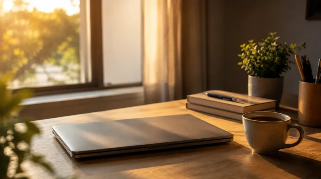 Laptop resting closed on a desk in warm evening light after a repair.