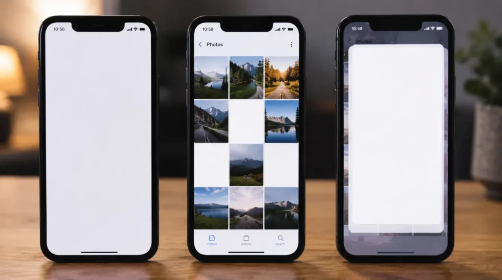 Three phones showing different Google Photos white screen error types side by side