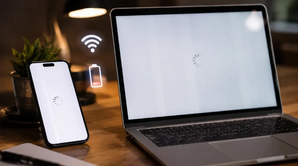 Phone and laptop showing sync and low storage issues causing Google Photos white screen