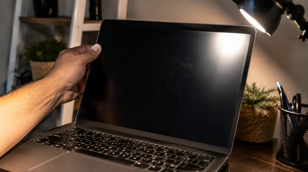 Checking for keyboard marks on a powered-off laptop screen at an angle