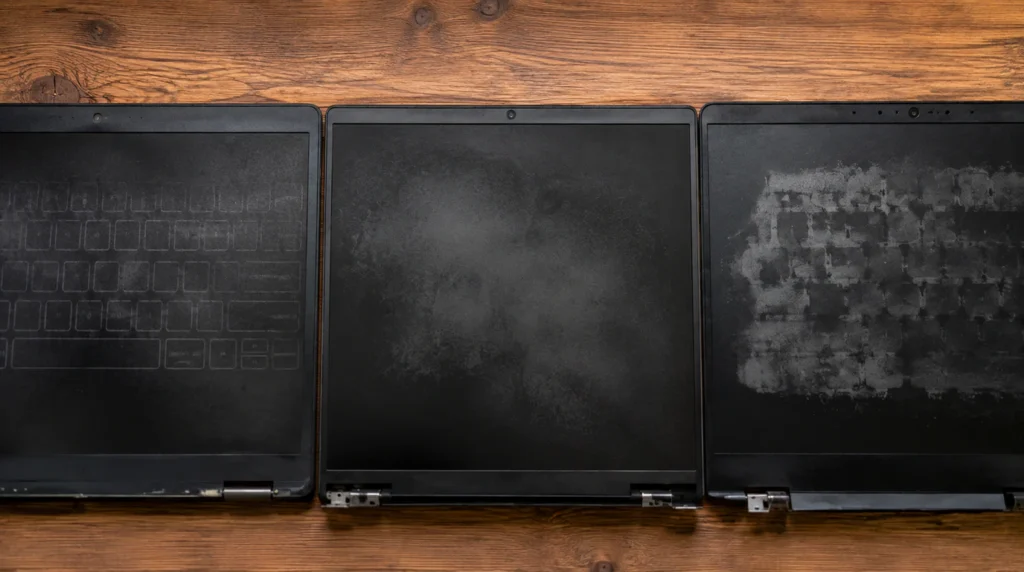 Three laptop screens comparing smudge, coating, and pressure damage marks