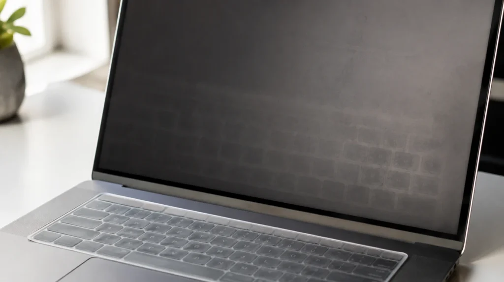 Keyboard-shaped marks on a MacBook screen near a silicone keyboard cover