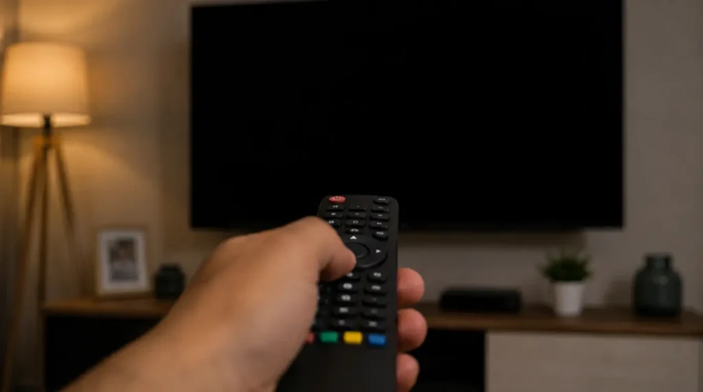 Person holding a remote control pointed at a wall-mounted smart TV with a black screen, troubleshooting Netflix black screen on TV