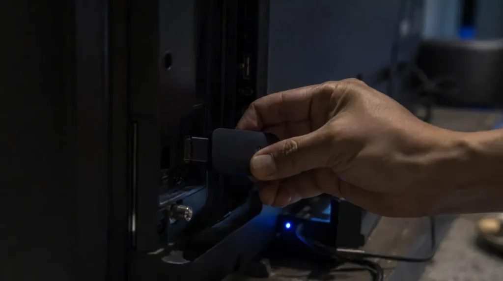 Hand plugging a streaming device into the HDMI port on the back of a TV to fix Netflix black screen issue