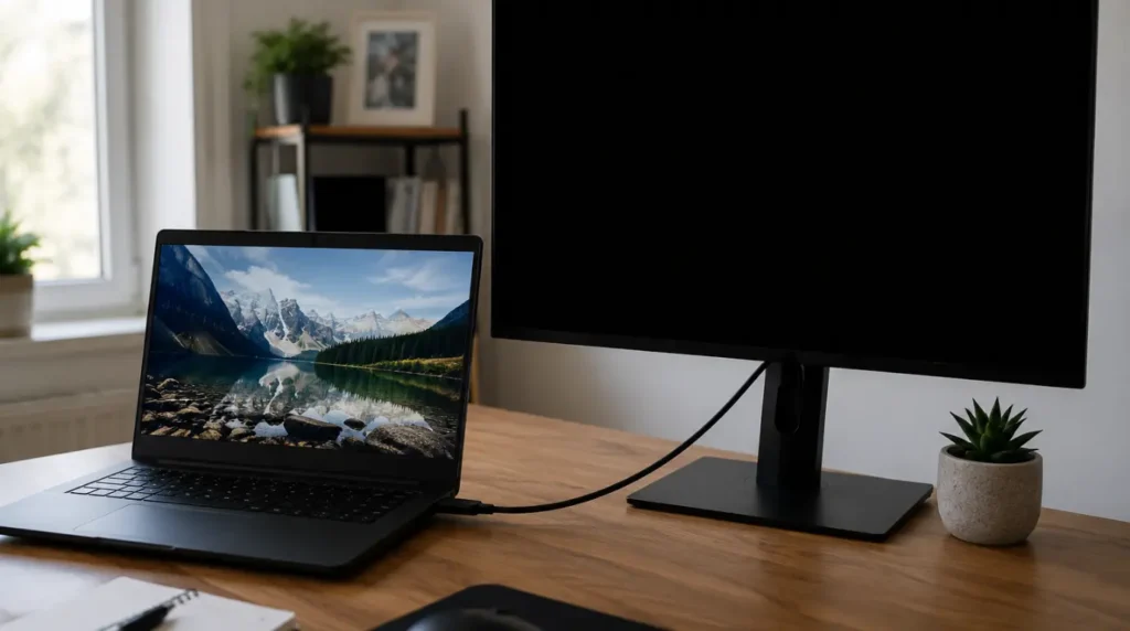Laptop connected via HDMI cable to an external monitor showing a black screen while the laptop display works normally
