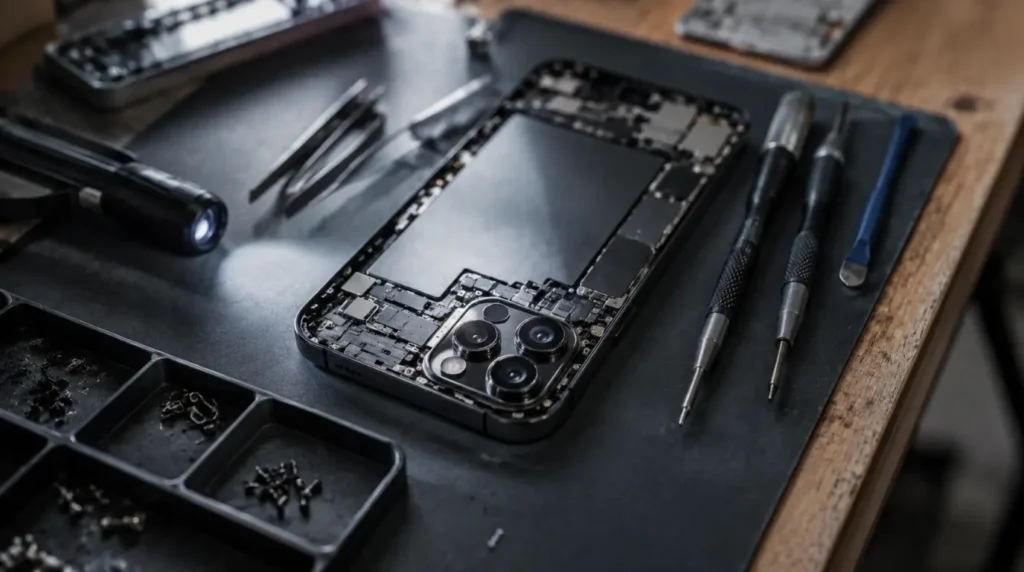 A technician's workbench with a disassembled smartphone camera module during repair.