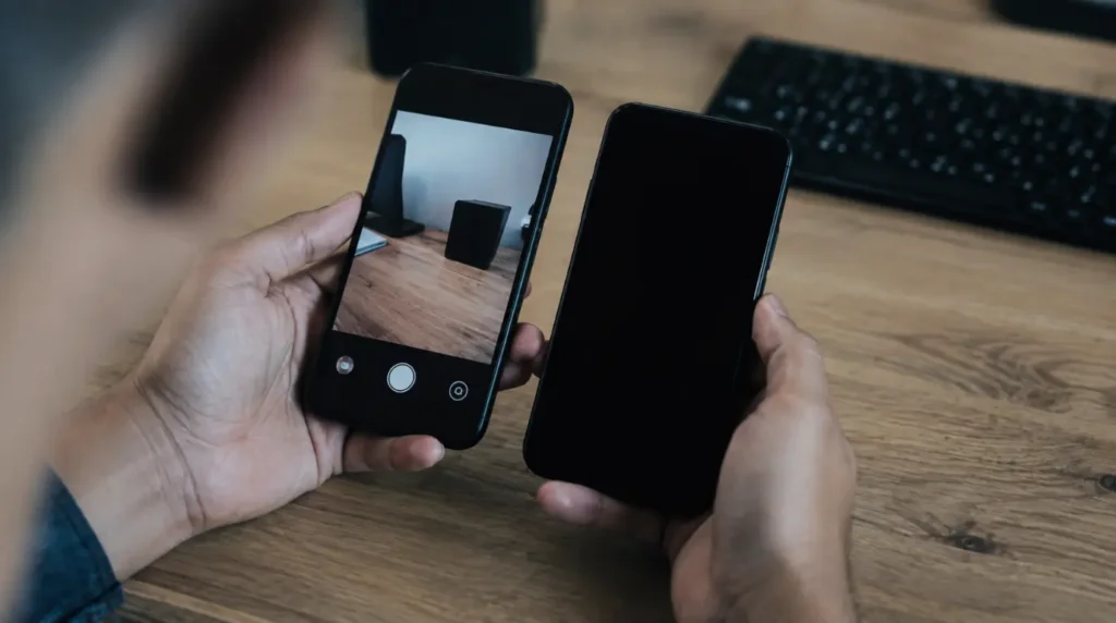 Two smartphones compared side by side, one camera working and one showing a black screen.