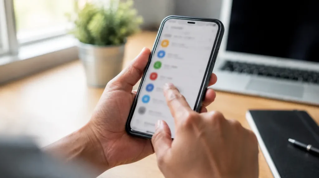 A hand tapping a smartphone screen to fix a Snapchat camera black screen issue.