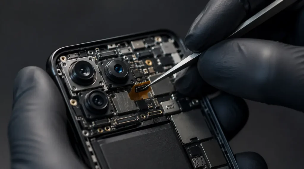 A technician using tweezers to inspect a smartphone's internal camera flex cable.