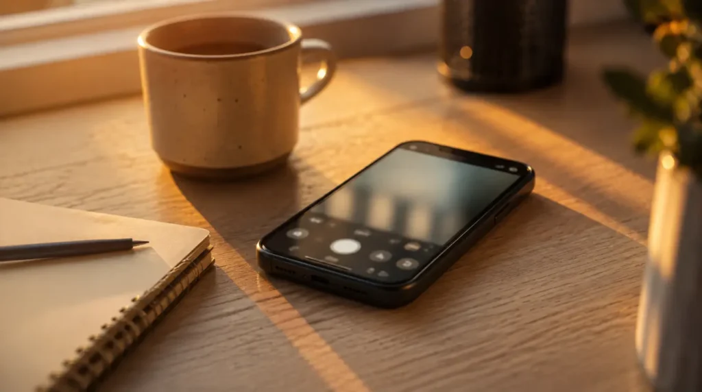 A smartphone resting on a desk to prevent a Snapchat camera black screen from returning.