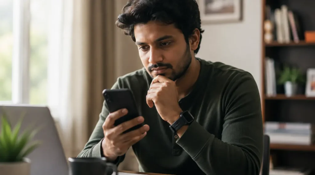 A person looking at their smartphone screen while troubleshooting a camera problem.