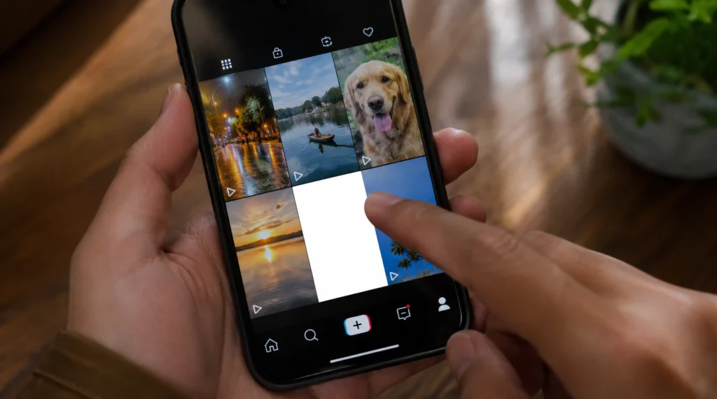 TikTok profile grid with one blank white video thumbnail among normal previews