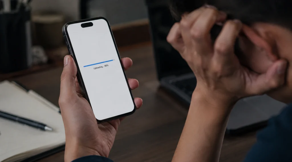TikTok upload progress bar frozen on a blank white screen mid-post