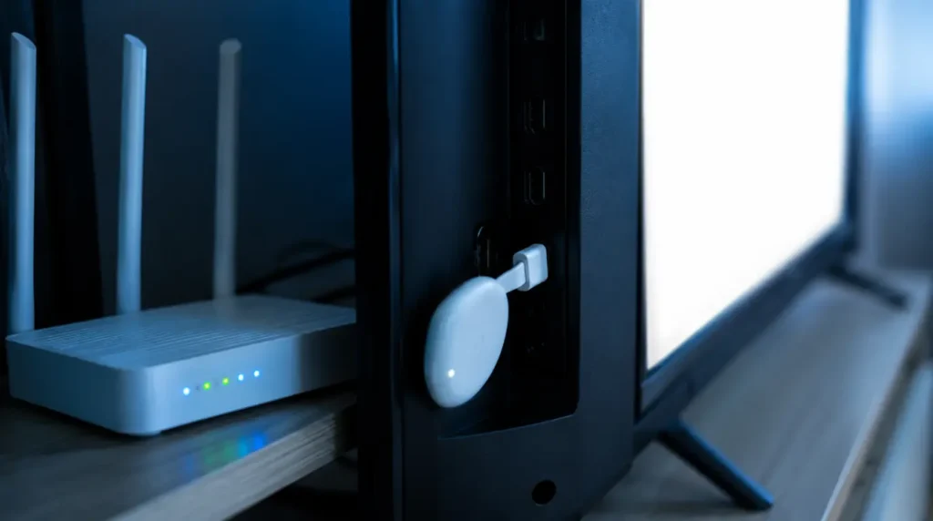 "Chromecast streaming device plugged into a TV's HDMI port with a Wi-Fi router nearby, TV screen blank white in the background"