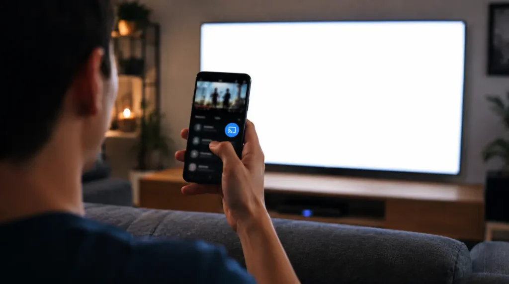 "Person mirroring their phone screen to a TV that displays a solid white screen instead of the video"