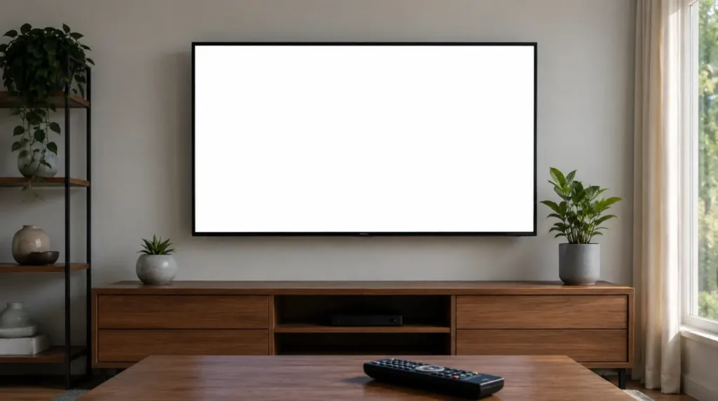 "Smart TV mounted on a wall showing a blank white screen with a remote control resting on the console below"