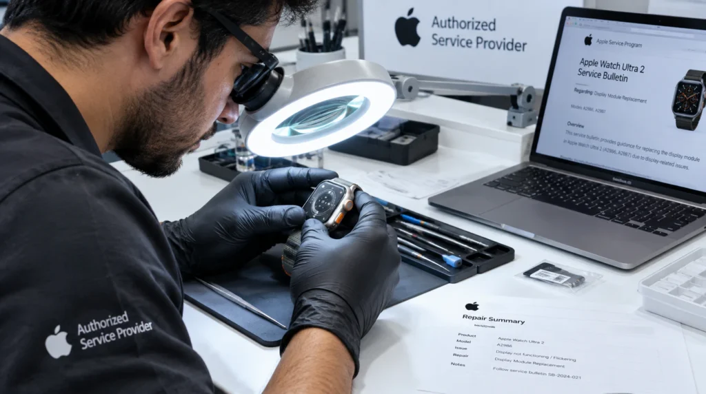 Apple Authorized Service technician inspecting Apple Watch Ultra 2 display for flickering issue