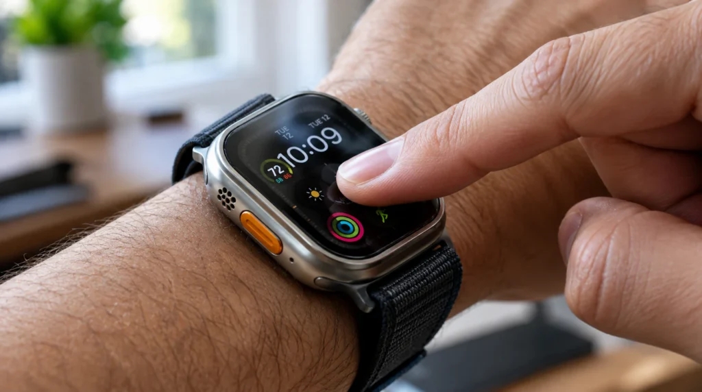 Close-up of hand pressing Apple Watch screen to test for flickering hardware issue