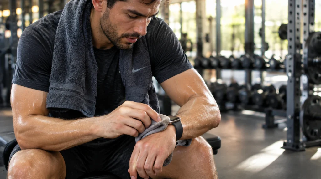 Person wiping sweat off Apple Watch screen with microfiber cloth after workout
