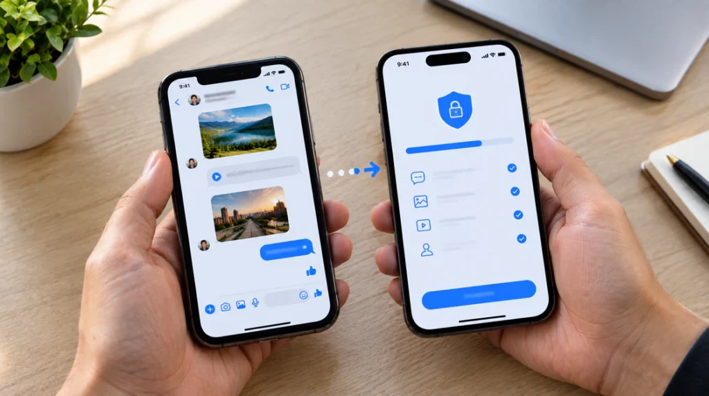 Two smartphones showing Messenger chat restoration after switching to a new phone