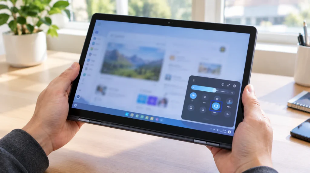 "Chromebook folded into tablet mode to test if auto-rotate sensor is detected"