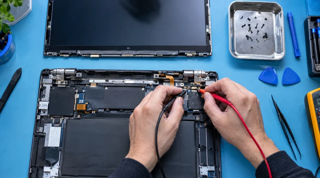 "Technician testing a Chromebook hinge sensor connector for a hardware rotation fault"