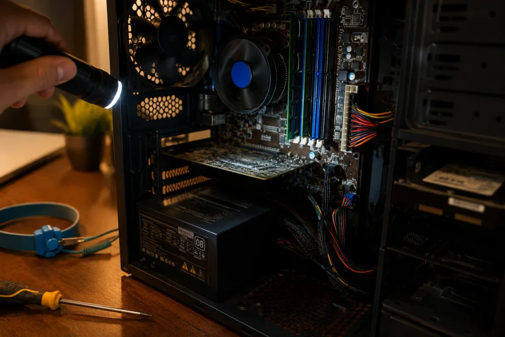 Technician inspecting RAM and motherboard inside a desktop PC to fix boot screen freeze