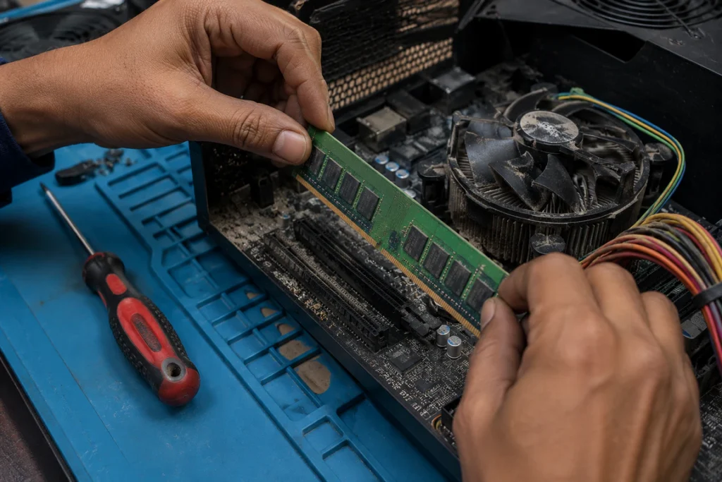 Close-up of a technician removing a RAM stick to diagnose a computer stuck in boot screen
